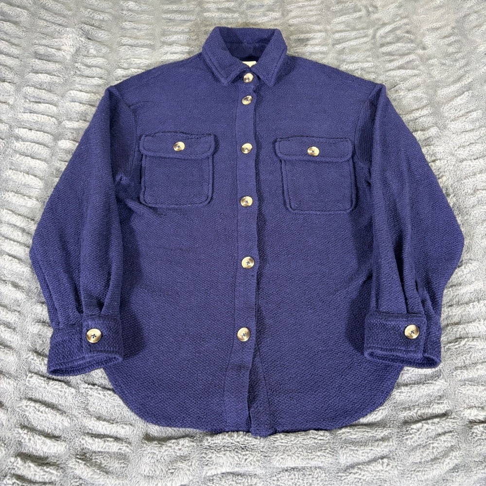 Anthropologie Navy Blue Textured Cotton Button Front Shacket Shirt Jacket XS